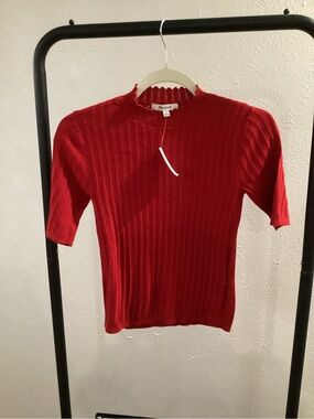 Madewell Red Ribbed Short-Sleeve Mock Neck Top